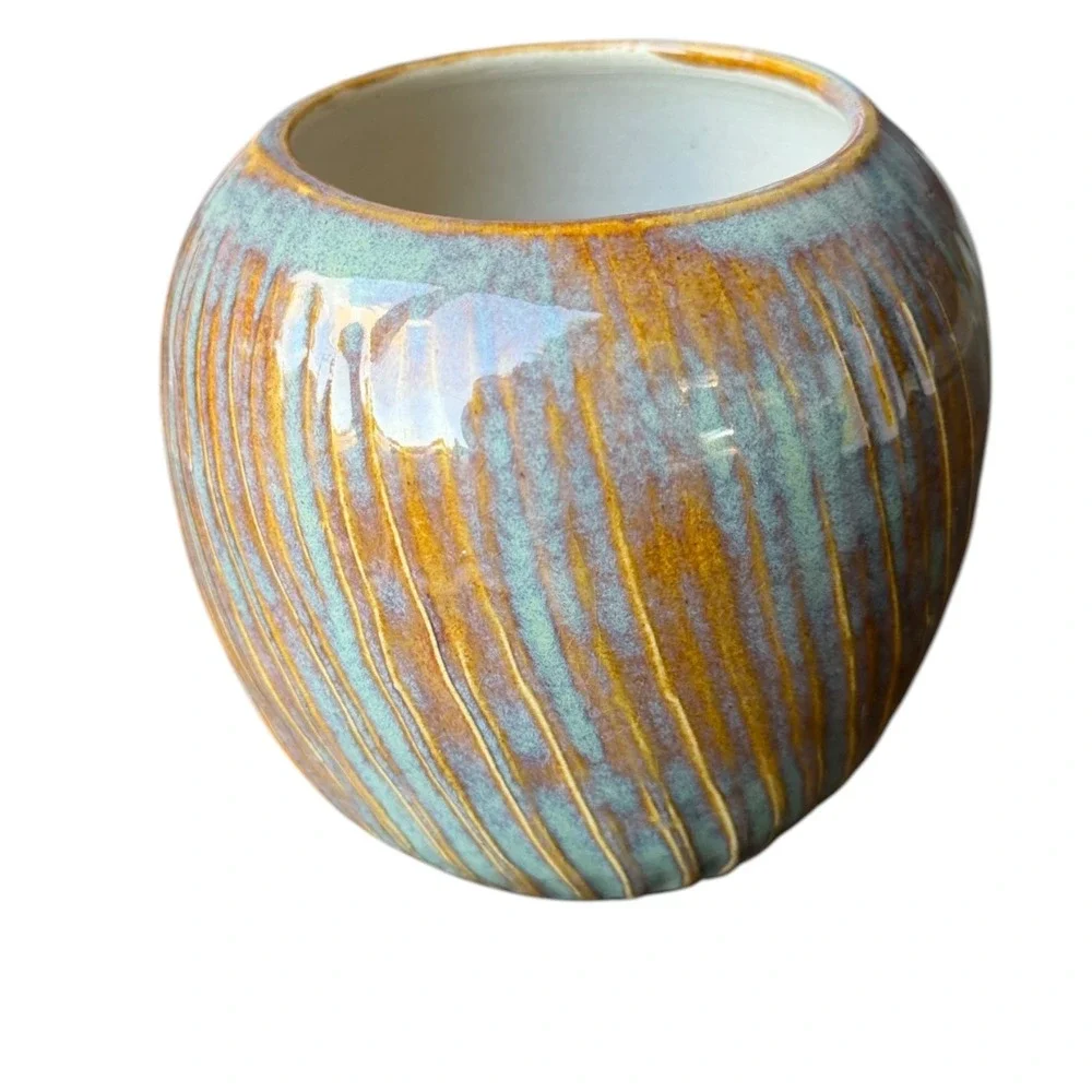 Handmade Studio Pottery Planter Vase Teal Amber Reactive Glaze Ribbed Pottery